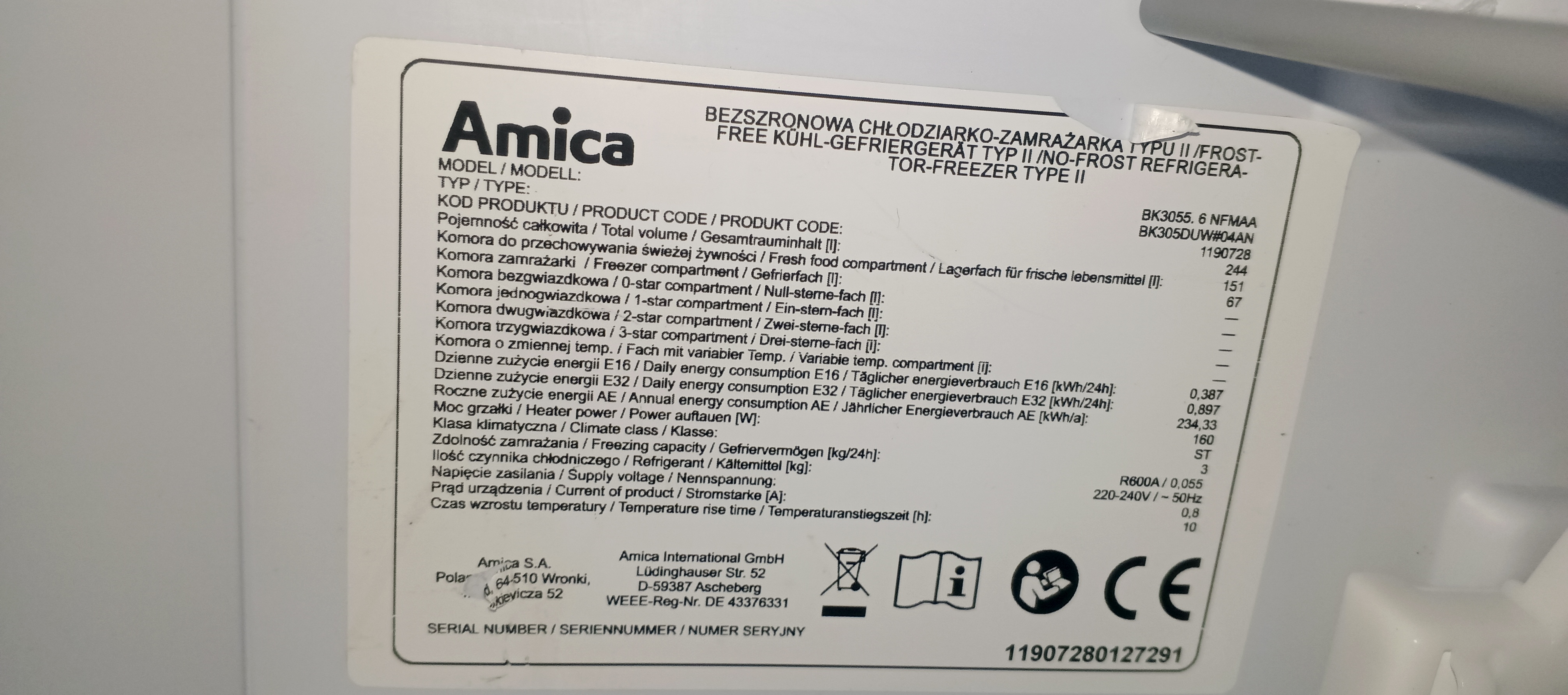 Під вмонтування Холодильник Amica BK3055.6NFMAA