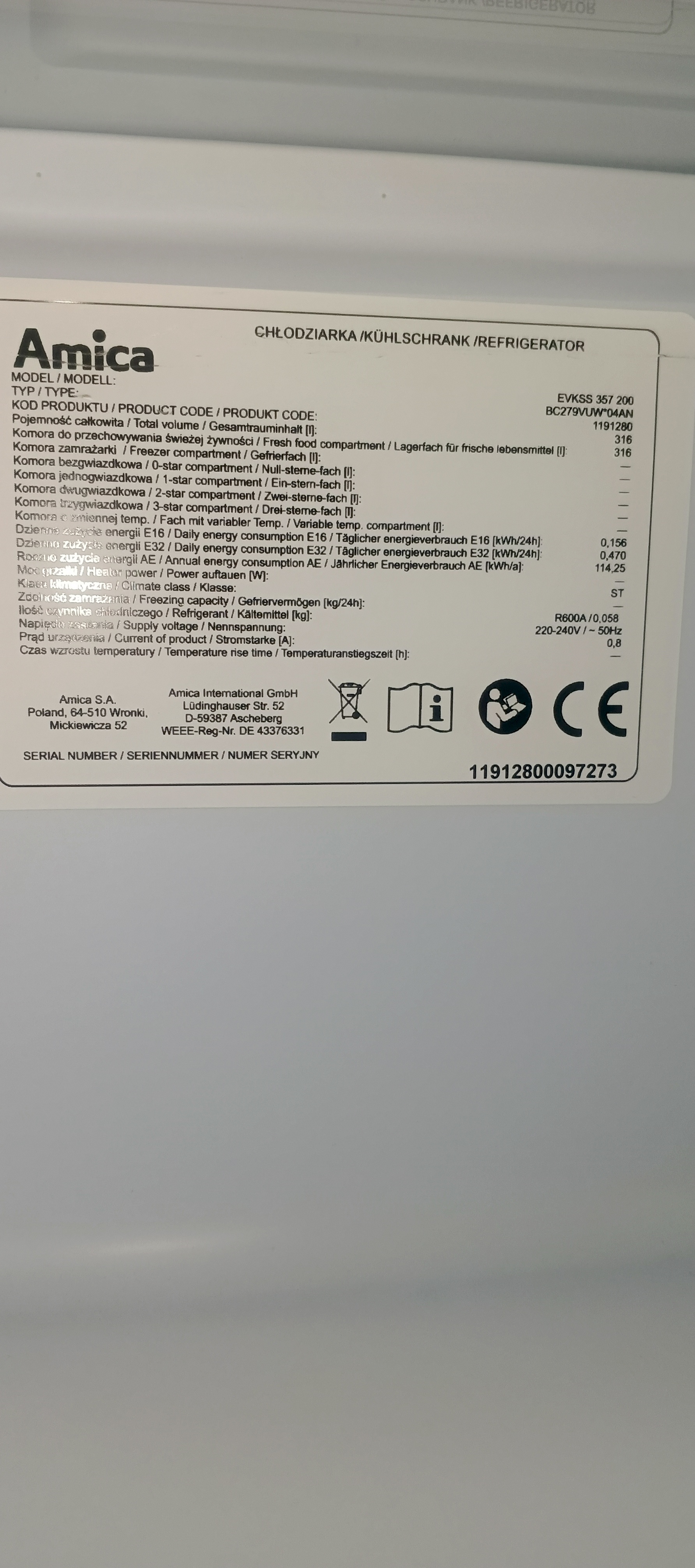 Холодильник Amica EVKSS 357 200 під вмонтування