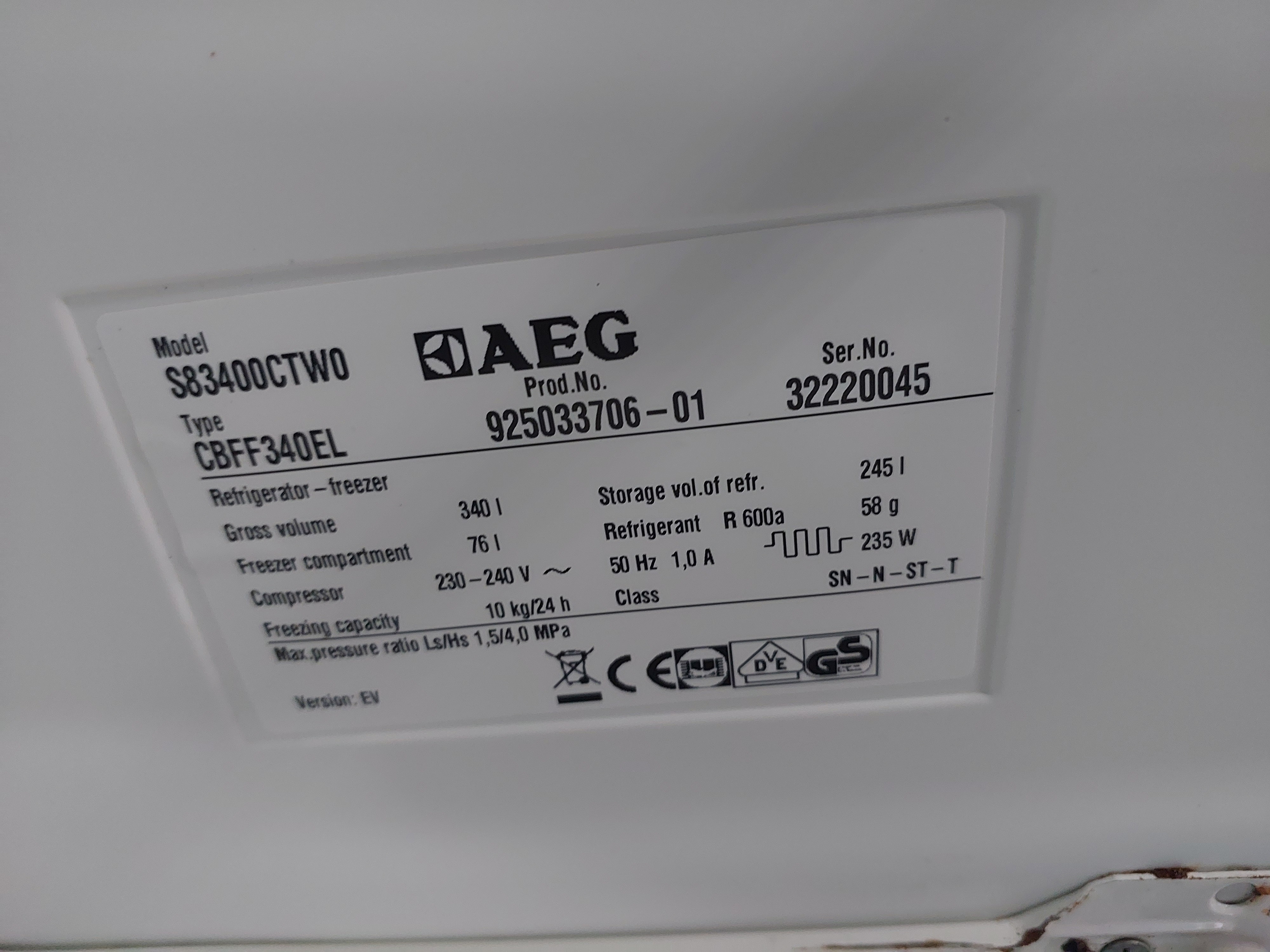 Холодильник AEG S83400CTW0 — AEG, б/у, Львів